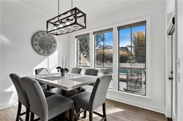 dining area with hardwood / wood-style flooring and ornamental molding