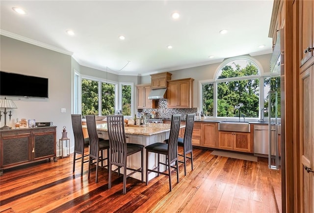 kitchen featuring sink, exhaust hood, light stone counters, dishwasher, and backsplash