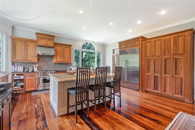 kitchen featuring tasteful backsplash, premium appliances, ornamental molding, light stone countertops, and a kitchen island