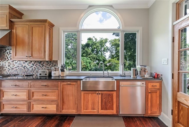 kitchen featuring crown molding, sink, dark hardwood / wood-style flooring, and decorative backsplash