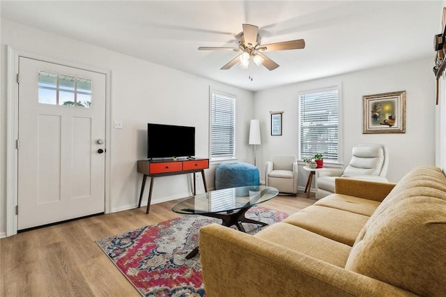 living room with ceiling fan and light wood-type flooring