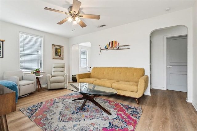 living room with ceiling fan and wood-type flooring