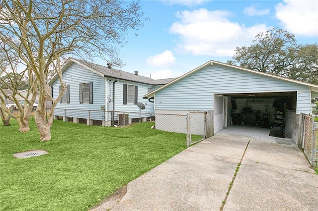 view of property exterior featuring a garage, a lawn, and central air condition unit