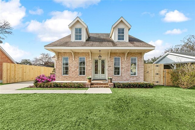 cape cod house with covered porch and a front lawn