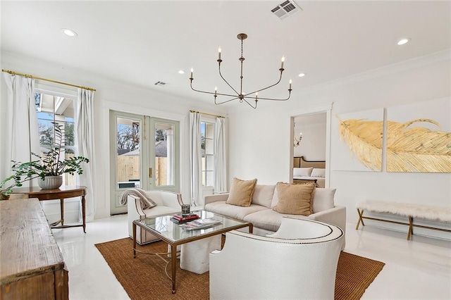 living room with a notable chandelier