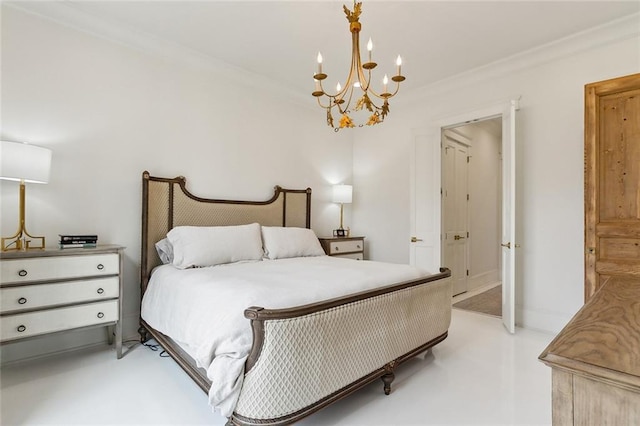 bedroom with an inviting chandelier and ornamental molding