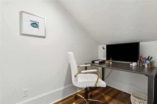 home office featuring hardwood / wood-style flooring and lofted ceiling