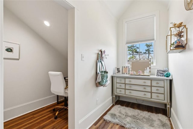 bathroom featuring lofted ceiling and hardwood / wood-style floors