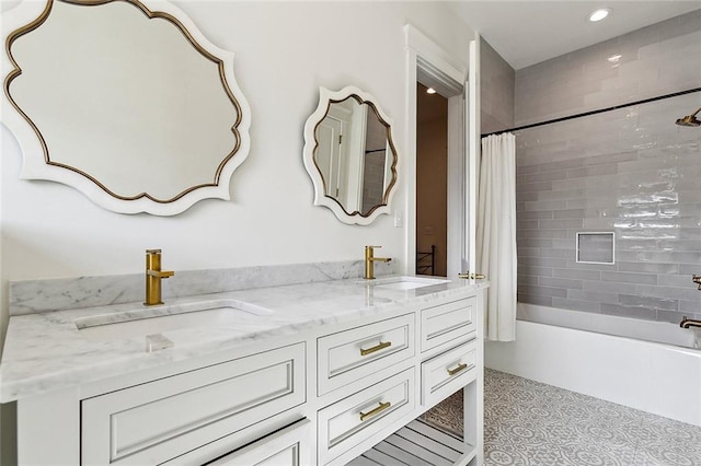 bathroom with vanity and shower / bath combination with curtain