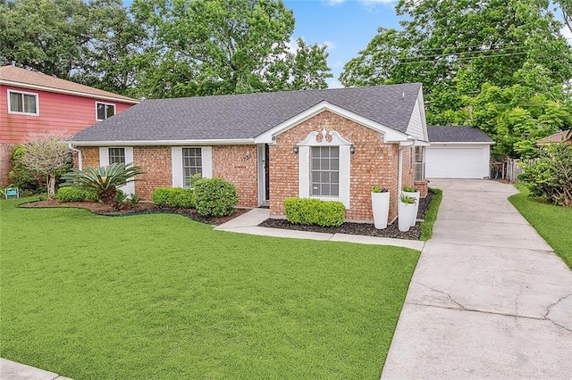 1751 Holiday Dr, New Orleans, LA 70114 - ranch-style house featuring brick siding, a front yard, a garage, and a shingled roof