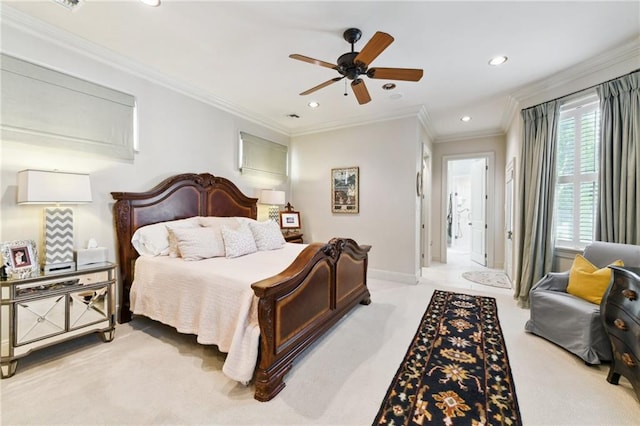 bedroom featuring ceiling fan, ornamental molding, and light carpet