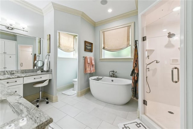 bathroom with vanity, tile patterned flooring, crown molding, and independent shower and bath