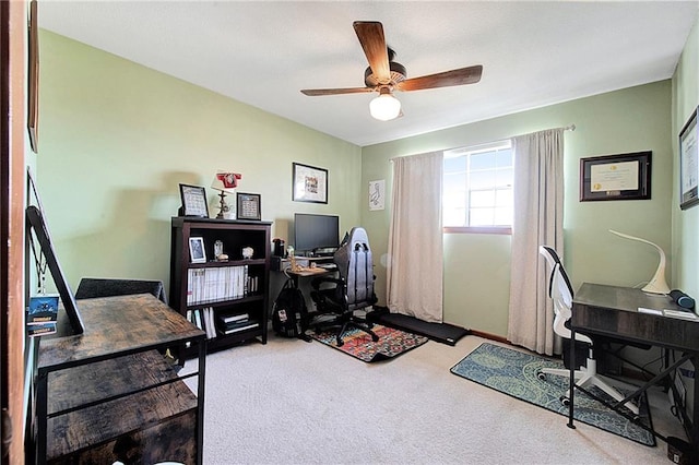 office featuring carpet flooring and ceiling fan