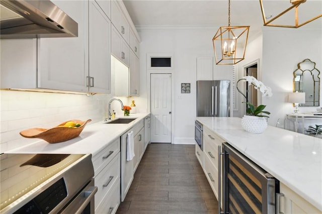 kitchen featuring wine cooler, sink, ventilation hood, stainless steel appliances, and white cabinets