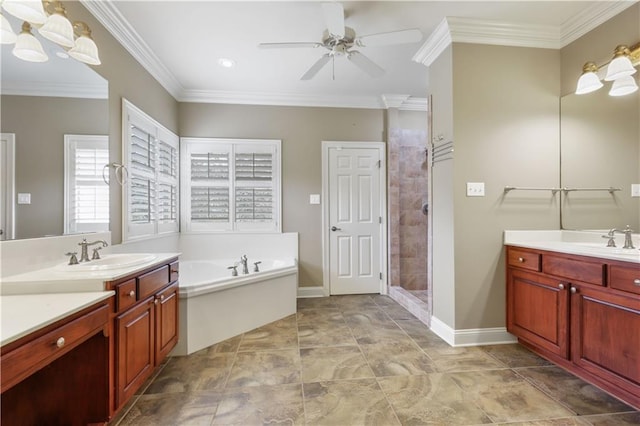 bathroom featuring vanity, ceiling fan, crown molding, and plus walk in shower