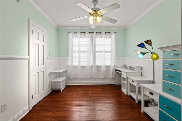 bedroom featuring ceiling fan, ornamental molding, and dark wood-style flooring