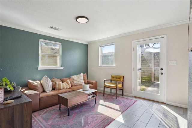 living room featuring ornamental molding