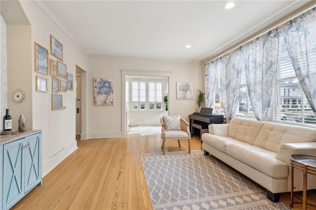 living room featuring crown molding and light hardwood / wood-style flooring