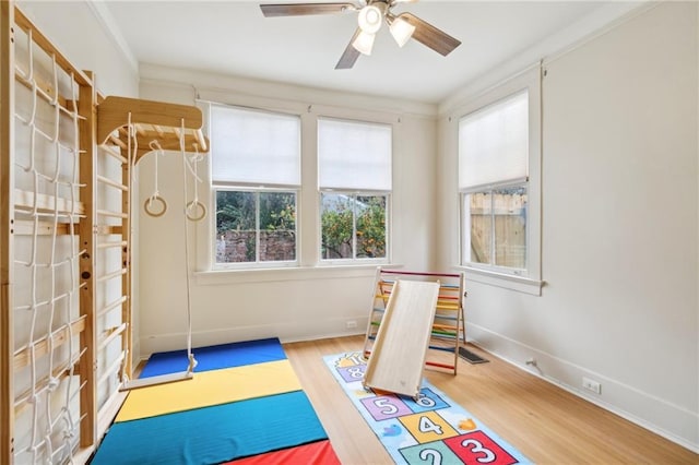 interior space featuring ceiling fan and hardwood / wood-style floors