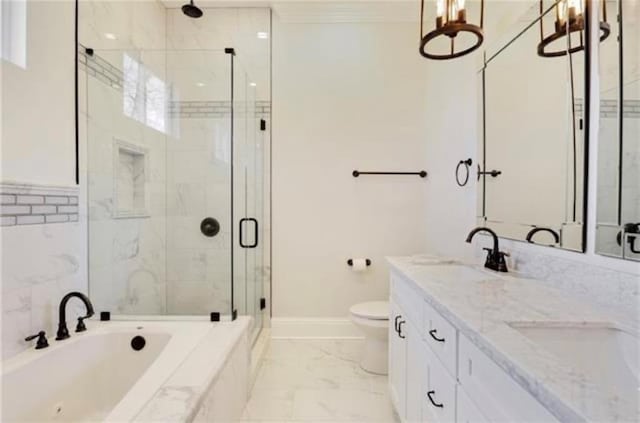 full bathroom featuring vanity, toilet, and separate shower and tub