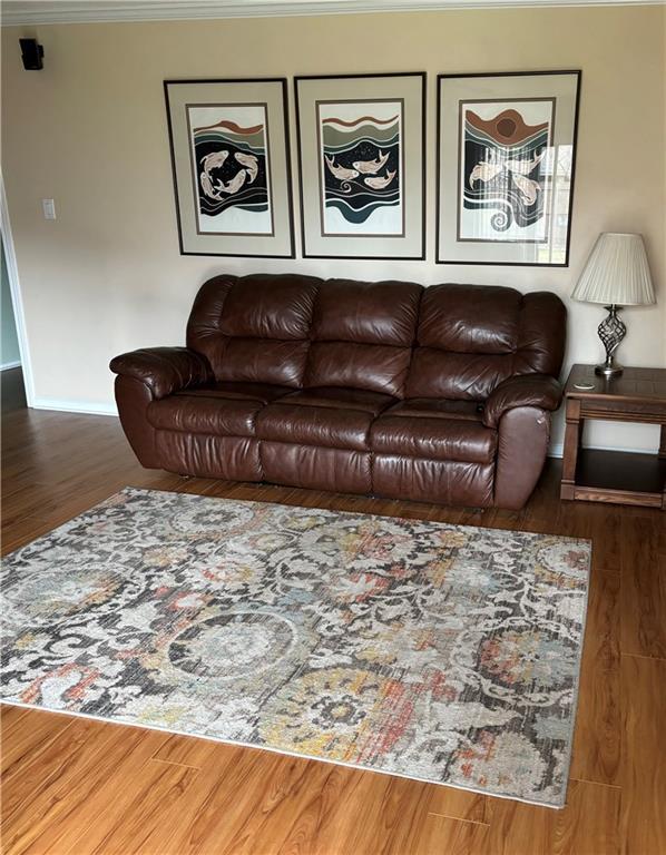 living room featuring dark wood-type flooring and ornamental molding