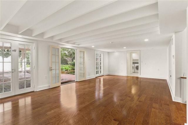 interior space featuring french doors, a healthy amount of sunlight, beam ceiling, and hardwood / wood-style floors