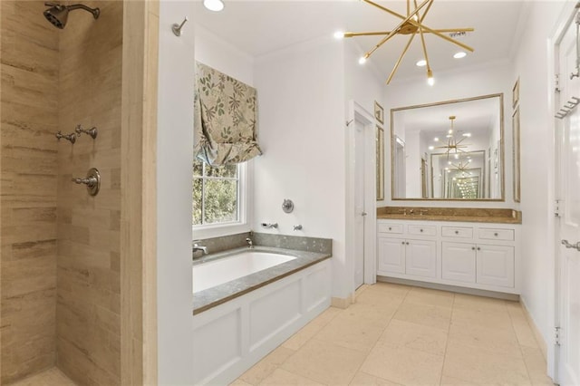 bathroom featuring vanity, a notable chandelier, ornamental molding, and plus walk in shower