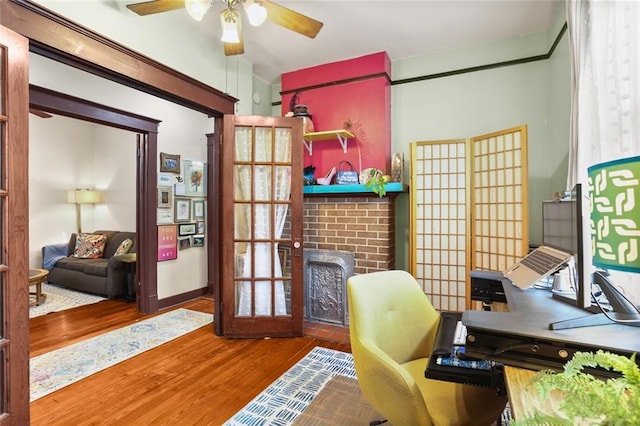 office area featuring ceiling fan and hardwood / wood-style floors