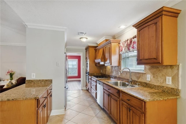 kitchen with sink, decorative backsplash, ornamental molding, and appliances with stainless steel finishes