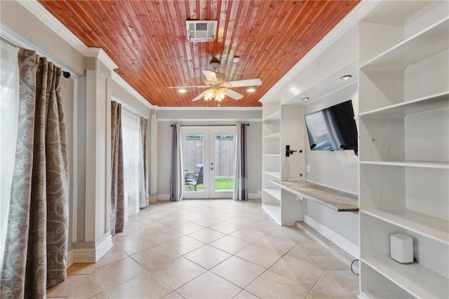 interior space featuring crown molding, light tile patterned flooring, wooden ceiling, and french doors