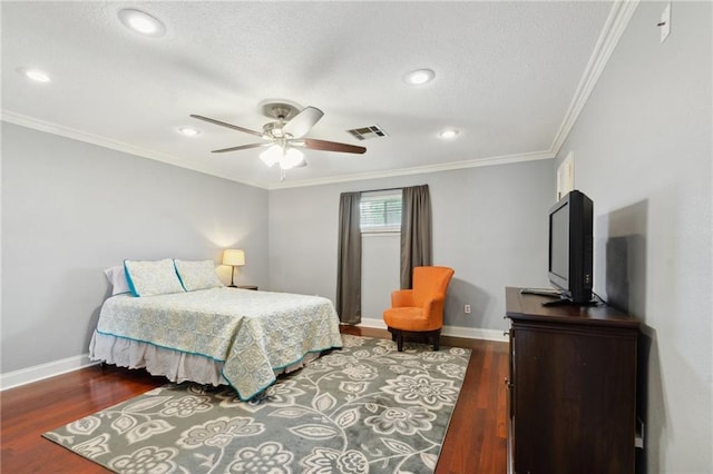 bedroom with dark wood-type flooring, ceiling fan, and ornamental molding