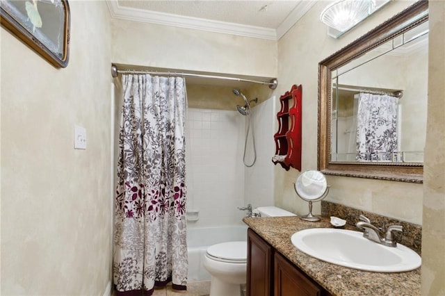 full bathroom featuring shower / tub combo with curtain, vanity, crown molding, and toilet