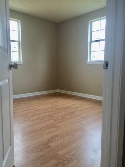 empty room with a healthy amount of sunlight, light wood finished floors, and baseboards