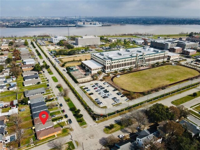 drone / aerial view featuring a water view