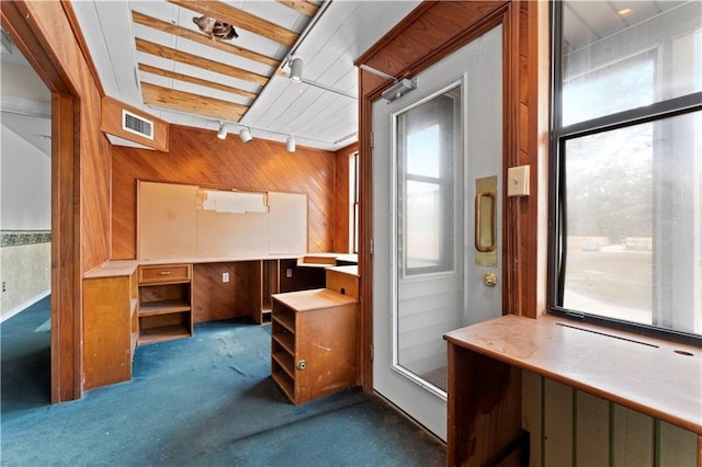 interior space with wood walls, visible vents, dark colored carpet, and rail lighting