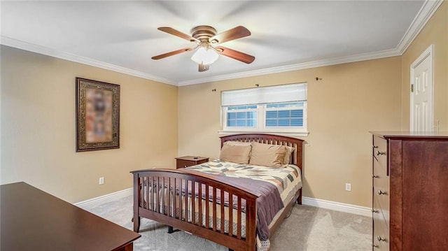 bedroom featuring light carpet, ornamental molding, and ceiling fan