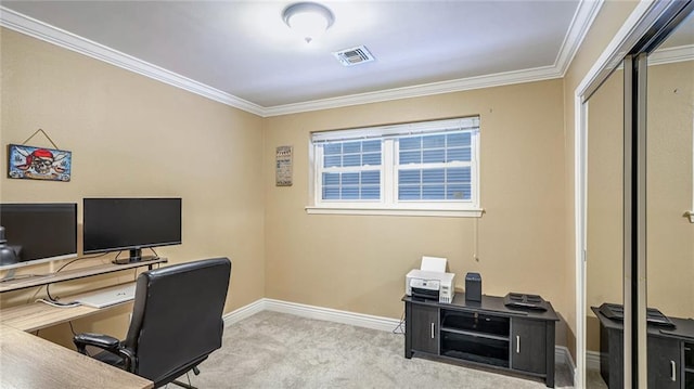 carpeted office space with crown molding