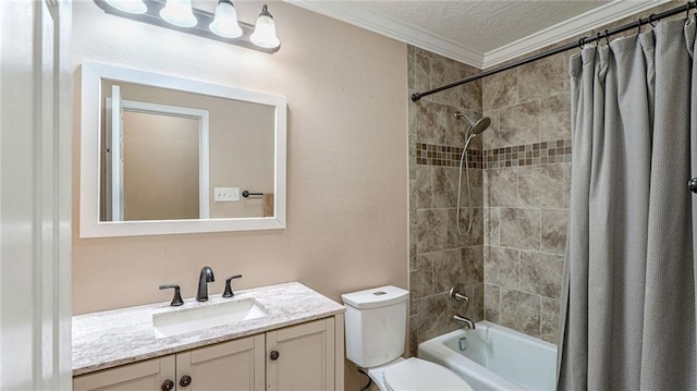 full bathroom with toilet, crown molding, a textured ceiling, vanity, and shower / bath combo with shower curtain