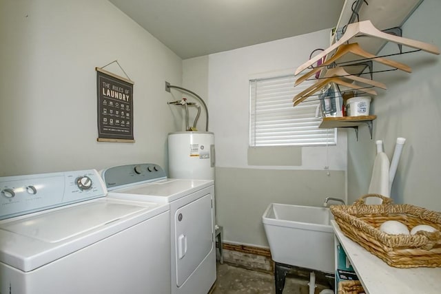 laundry room featuring separate washer and dryer, sink, and water heater