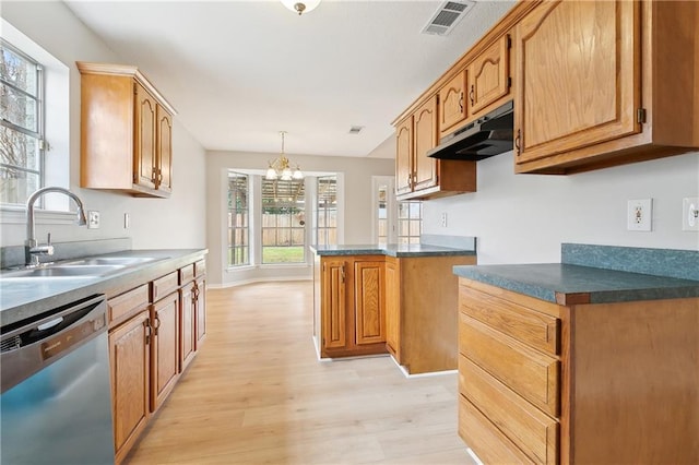 kitchen with pendant lighting, sink, light hardwood / wood-style flooring, dishwasher, and a wealth of natural light