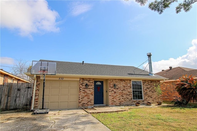 single story home with a garage and a front yard