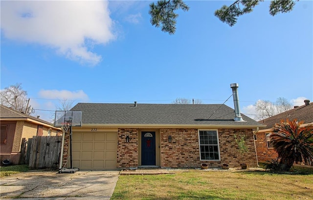 ranch-style house with a garage and a front yard