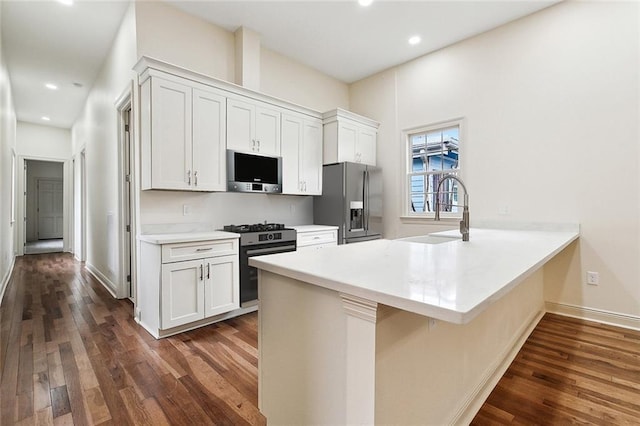 kitchen with sink, white cabinetry, stainless steel appliances, dark hardwood / wood-style floors, and kitchen peninsula