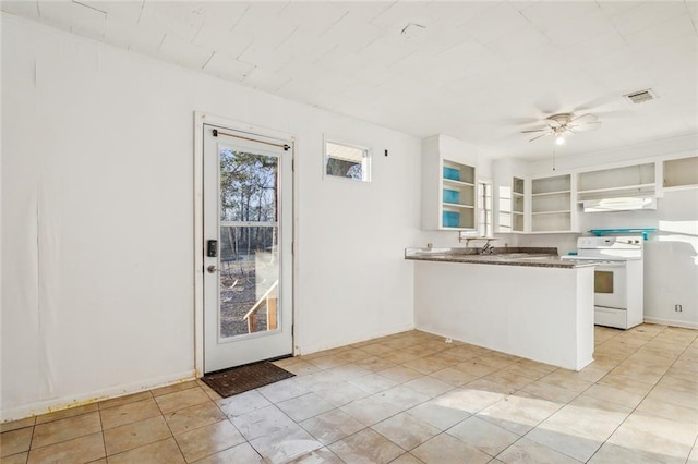 kitchen with white cabinetry, ceiling fan, white electric stove, and kitchen peninsula