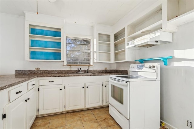 kitchen with white cabinetry, sink, light tile patterned flooring, and white range with electric cooktop