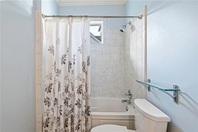 bathroom with ornamental molding, shower / tub combo with curtain, and toilet