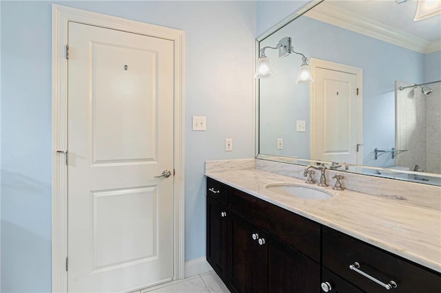 bathroom featuring crown molding, a shower, and vanity