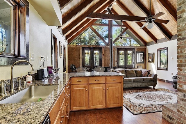 15082 Old Farms Rd, Folsom, LA 70437 - kitchen with sink, dark hardwood / wood-style floors, beamed ceiling, and stone countertops