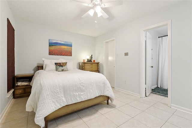 bedroom featuring ceiling fan and light tile patterned flooring