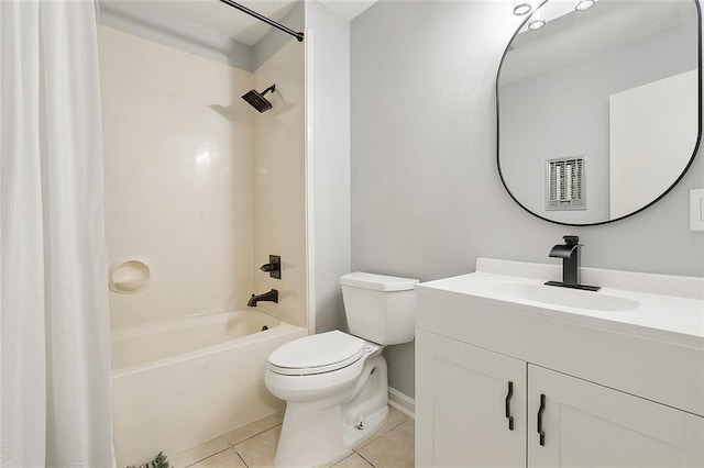 full bathroom featuring shower / tub combo with curtain, vanity, tile patterned floors, and toilet